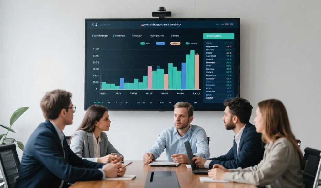 团队成员围坐在会议桌前，讨论着壁挂大屏上的进度甘特图和任务列表